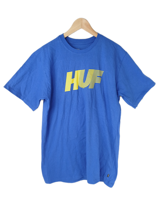 HUF Lines Logo Blue Yellow Size L S/s Vintage Shirt