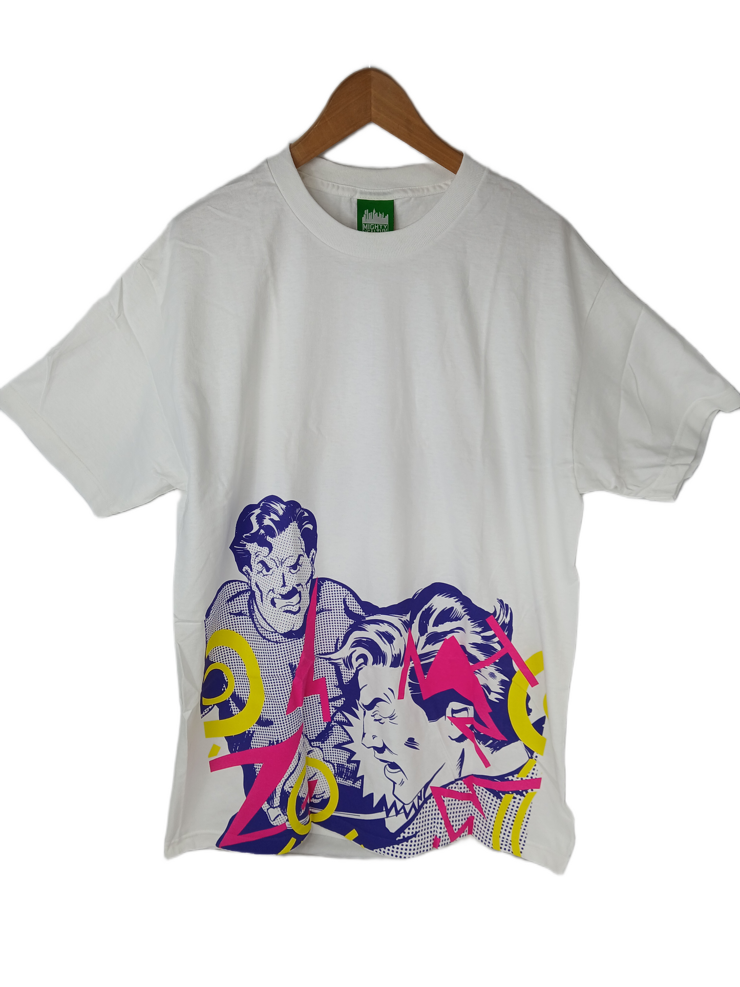Mighty Healthy Pop Art Superheros Print White Multi Size L S/s Vintage Shirt