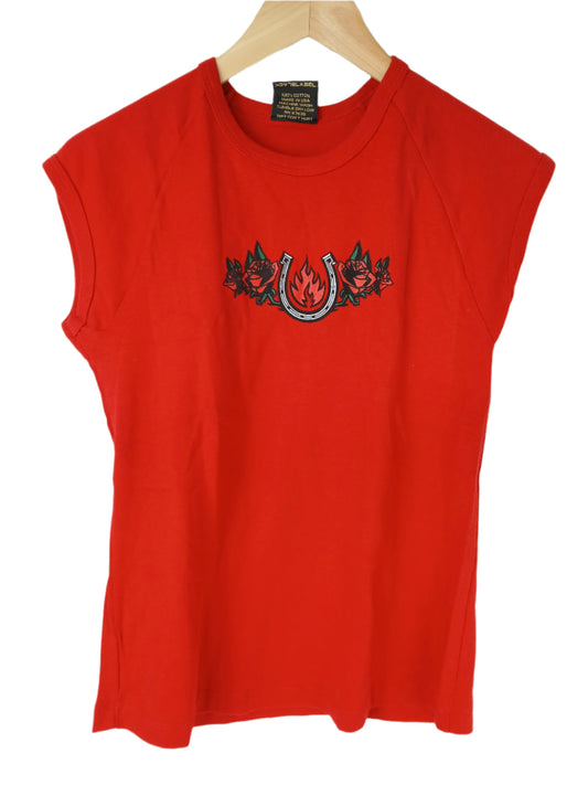 Black Label Horse Shoe Chest logo Crop Top Red Size L S/s Shirt