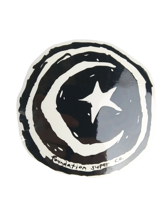 Foundation Super Co Moon & Stars Black White Size 4.5" X 4.5" Vintage NOS Circle Sticker