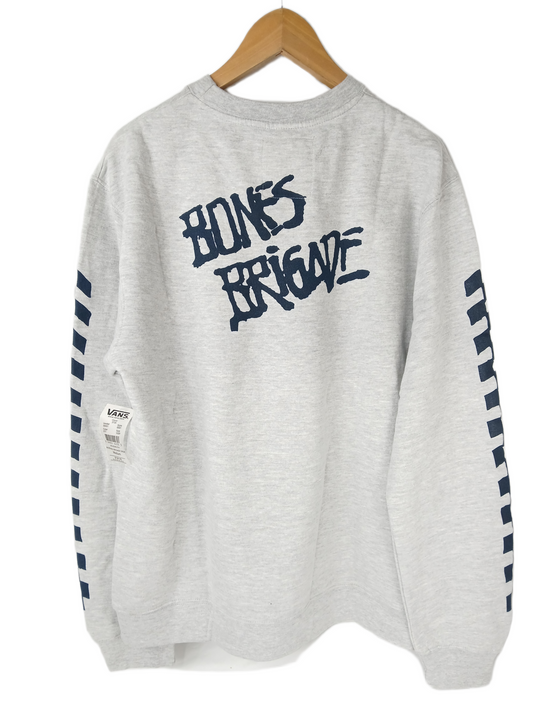 Vans Bones Brigade Front Back Logo Print Heather Grey Navy Size Medium L/s Vintage Crew Neck Sweatshirt
