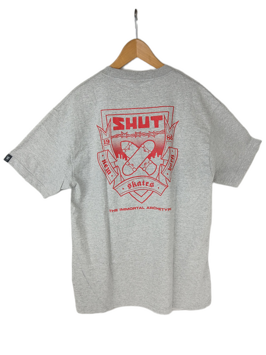 Shut Skates The Immortal Archetype 1986 Front And Back Print Heather Grey Red Size L S/s Vintage Shirt