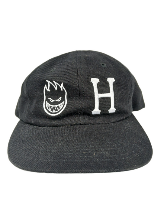 Spitfire X HUF Black Silver Big Head Flame & H Logo One Size Fits All Vintage Strapback Hat