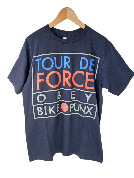 Obey Tour De Force Bike Punx Navy Silver Red Blue Front Print Silver Back Print Size M S/s Vintage Shirt