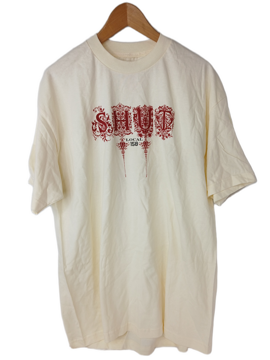 Shut Local 158 Floral Print Logo Cream Red Size XL S/s Vintage Shirt