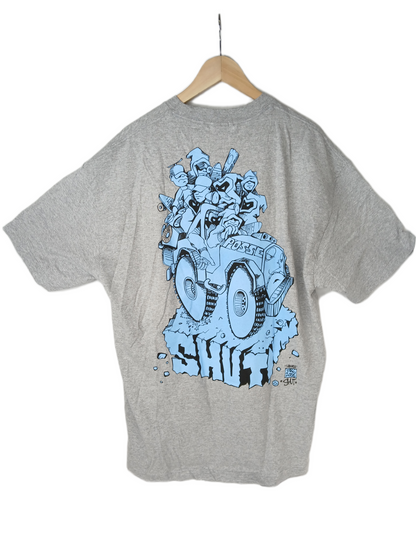 Shut Posse Jeep Back Graphic Chest Print Front Grey Lt Blue Size XL S/s Vintage Shirt