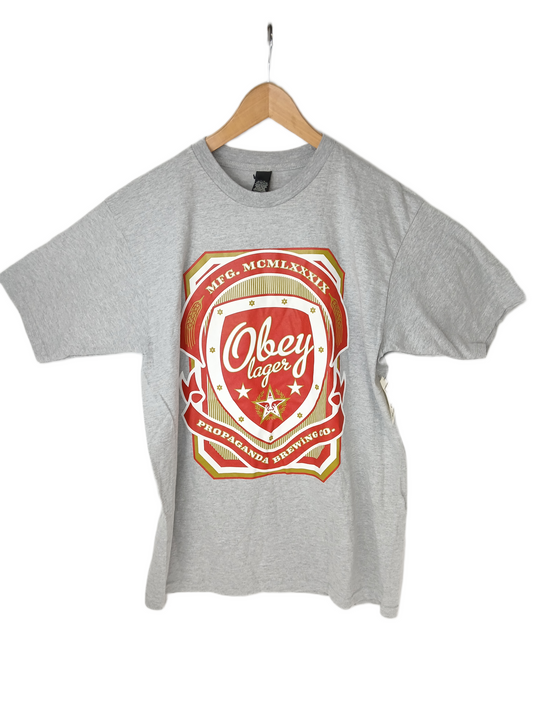 Obey Lager Grey Red White Size L S/s Shirt