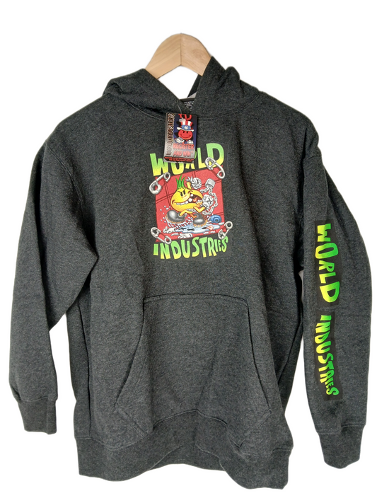 World Industries Flame Boy Unchained Charcoal Grey Green Multi Size S L/s Vintage Hooded Sweatshirt