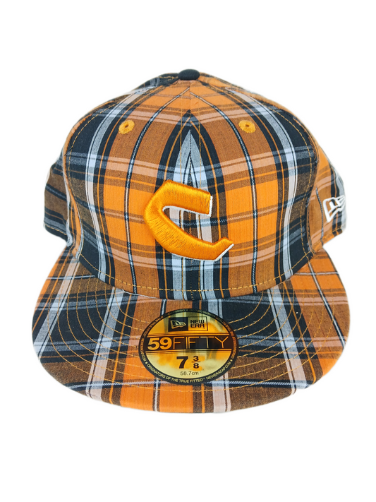 Chocolate X New Era 59Fifty Classic C Front Chocolate Text Back Print Logo Orange White Multi Plaid Size 7 3/8 58.7cm Vintage Fitted Hat