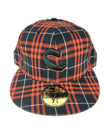 Chocolate X New Era 59Fifty Red Black White Plaid Black Classic C Chocolate Text Back Print Size 7 1/8 56.8cm Vintage Fitted Hat