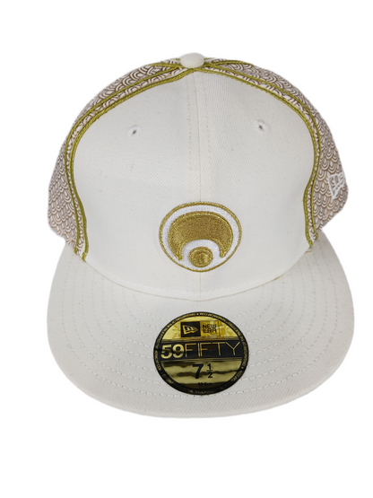 Osiris X New Era 59Fifty Cream Gold All Over Embroidered Print Size 7 1/2 59.6cm Vintage Fitted Hat