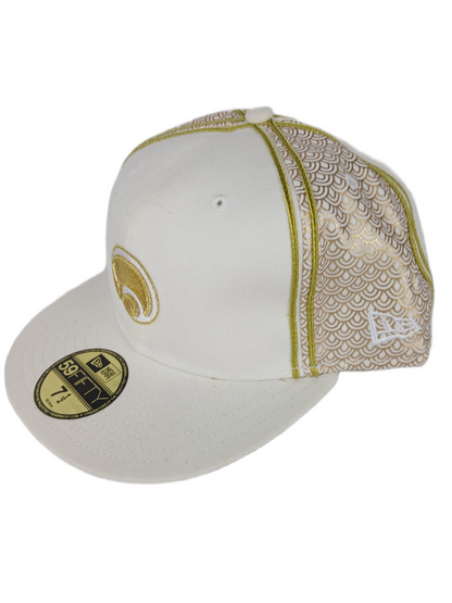 Osiris X New Era 59Fifty Cream Gold All Over Embroidered Print Size 7 1/2 59.6cm Vintage Fitted Hat