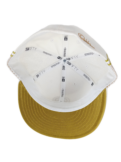 Osiris X New Era 59Fifty Cream Gold All Over Embroidered Print Size 7 1/2 59.6cm Vintage Fitted Hat
