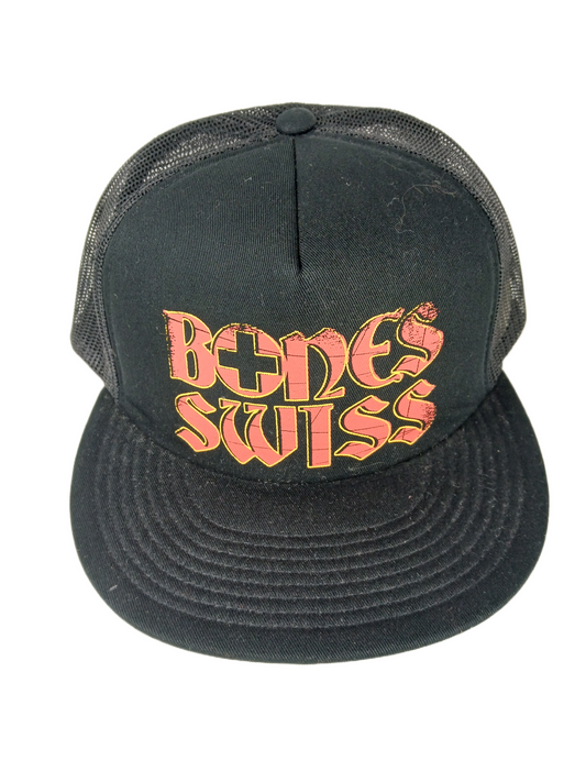 Bones Bones Swiss Black Mesh Red Yellow Letters One Size Fits All Vintage Snapback Trucker Hat