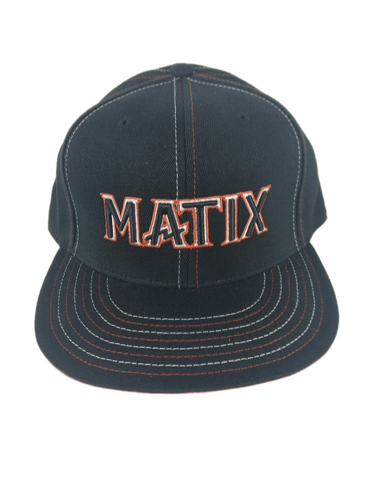 Matix Clothing Black Orange Silver Pinstripes Size 7 1/4 - 7 5/8 Vintage Flexfit 210 Fitted Hat