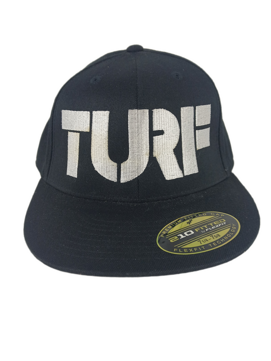 TURF Black Silver TURF Logo Size  71/4 - 7 5/8 Vintage Flexfit 210 Fitted Hat