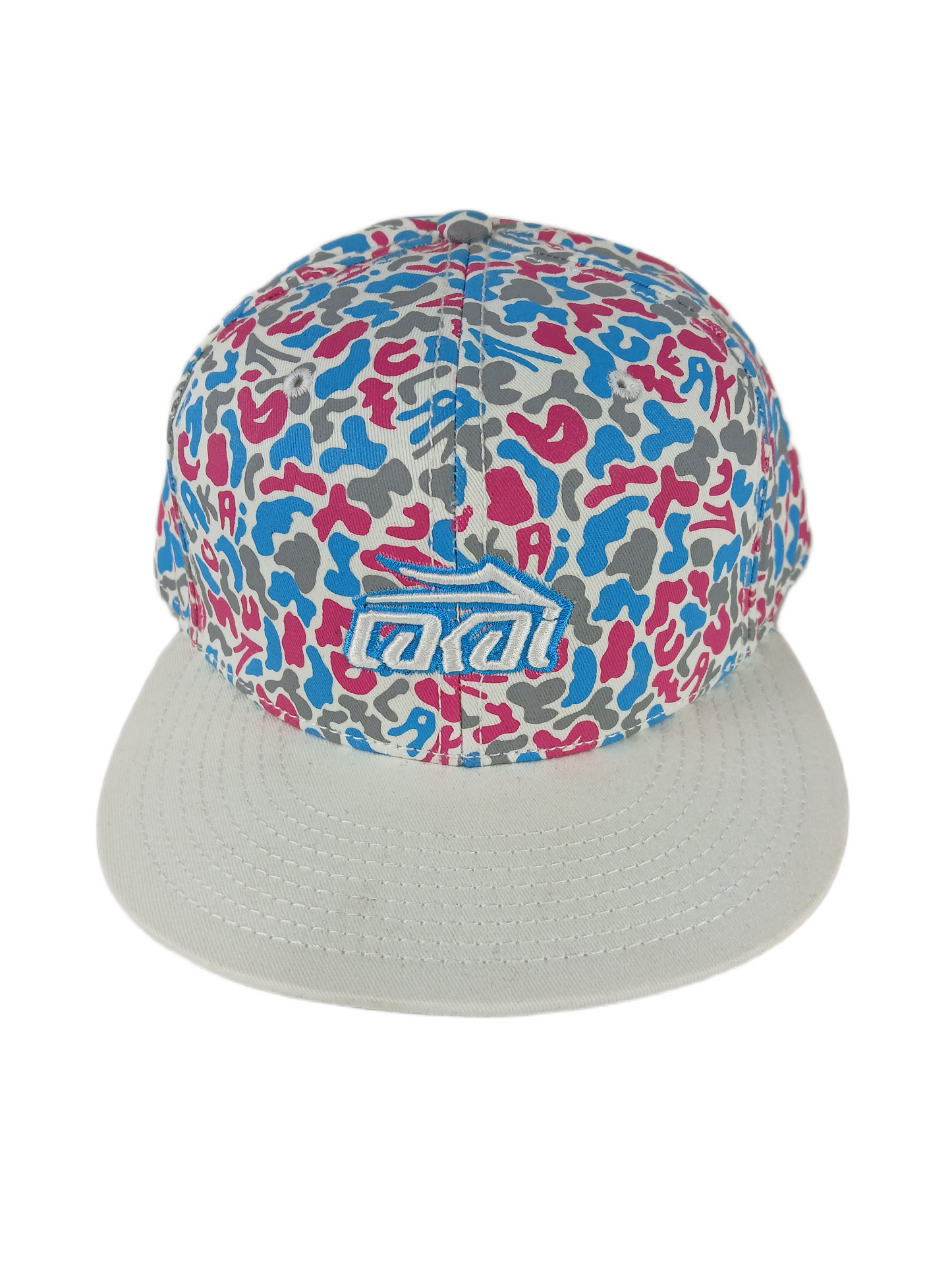 Lakai Splat Logos All Over Print Cream Blue Pink Grey Size 7 3/8 Vintage Lakai Fitted Hat