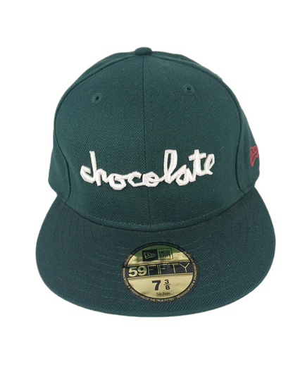 Chocolate X New Era 59Fifty Olive Green White Chocolate Text Red Block Back Logo Size 7 3/8 58.7cm Vintage Fitted Hat