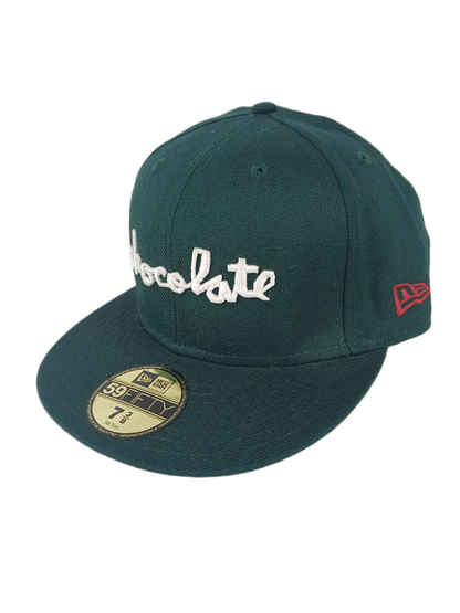 Chocolate X New Era 59Fifty Olive Green White Chocolate Text Red Block Back Logo Size 7 3/8 58.7cm Vintage Fitted Hat