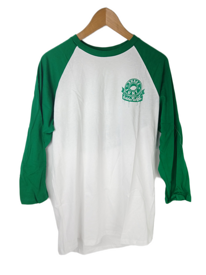 Shake-Junt Getcha Roll On White Green Front Small Print Large Back Print Mens Size L 3/4 Sleeve Baseball Raglan Vintage Shirt