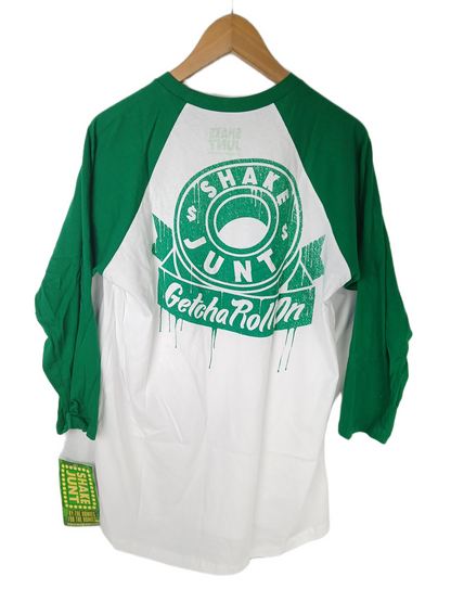Shake-Junt Getcha Roll On White Green Front Small Print Large Back Print Mens Size L 3/4 Sleeve Baseball Raglan Vintage Shirt