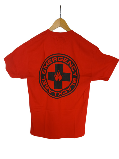 Black Label Emergency Red Black Mens Small Front Print Large Back Print Size L S/s Vintage Shirt