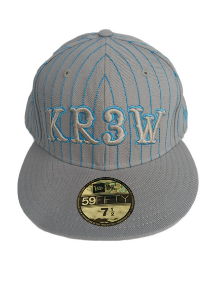 Krew X New Era 59Fifty Kr3w Vintage Text Pinstripes Blue Grey Silver Size 7 1/2 59.6cm Vintage Fitted Hat