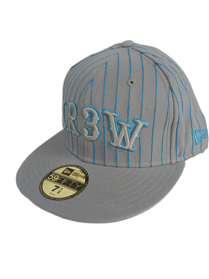 Krew X New Era 59Fifty Kr3w Vintage Text Pinstripes Blue Grey Silver Size 7 1/2 59.6cm Vintage Fitted Hat