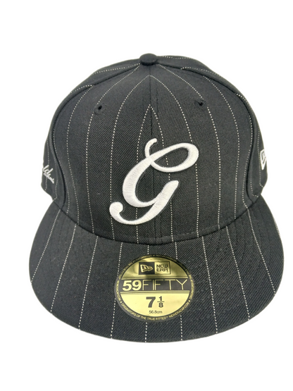 Gold X New Era 59Fifty Black White G Logo Pinstriped Size 7 1/8 56.8cm Vintage Fitted Hat