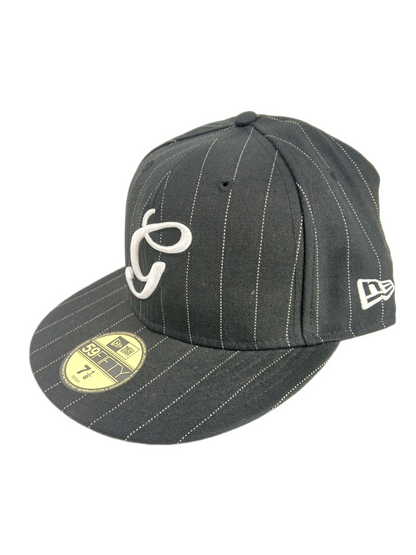 Gold X New Era 59Fifty Black White G Logo Pinstriped Size 7 1/8 56.8cm Vintage Fitted Hat