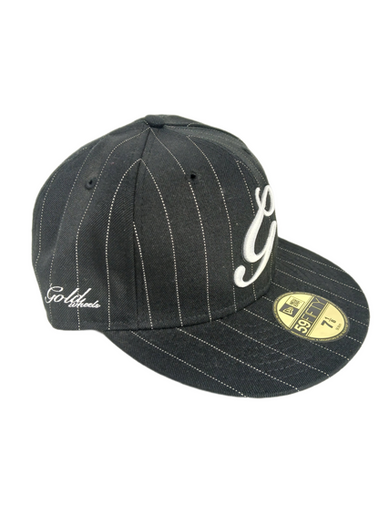 Gold X New Era 59Fifty Black White G Logo Pinstriped Size 7 1/8 56.8cm Vintage Fitted Hat