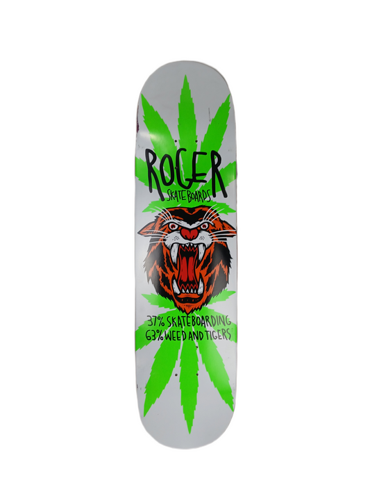 Roger Skateboards 37% Skateboarding 63% Weed And Tigers White Green Multi Size 8.125" Vintage NOS Deck