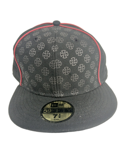 Independent X New Era 59Fifty Iron Crosses Front Print Laurel Leaf Cross Side Print Red Stripes Size 7 1/2 59.6cm Vintage Fitted Hat