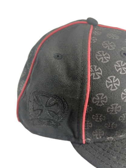 Independent X New Era 59Fifty Iron Crosses Front Print Laurel Leaf Cross Side Print Red Stripes Size 7 1/2 59.6cm Vintage Fitted Hat