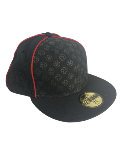 Independent X New Era 59Fifty Iron Crosses Front Print Laurel Leaf Cross Side Print Red Stripes Size 7 1/2 59.6cm Vintage Fitted Hat