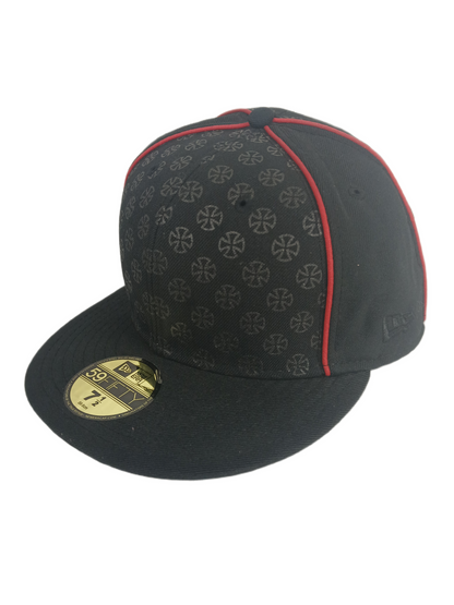 Independent X New Era 59Fifty Iron Crosses Front Print Laurel Leaf Cross Side Print Red Stripes Size 7 1/2 59.6cm Vintage Fitted Hat