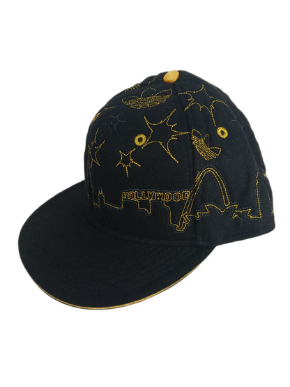 Adidas Hollywood Skyline Felt Black Gold All Over Print Size 7 3/8 Vintage Fitted Hat