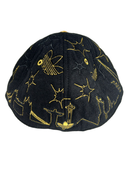 Adidas Hollywood Skyline Felt Black Gold All Over Print Size 7 3/8 Vintage Fitted Hat