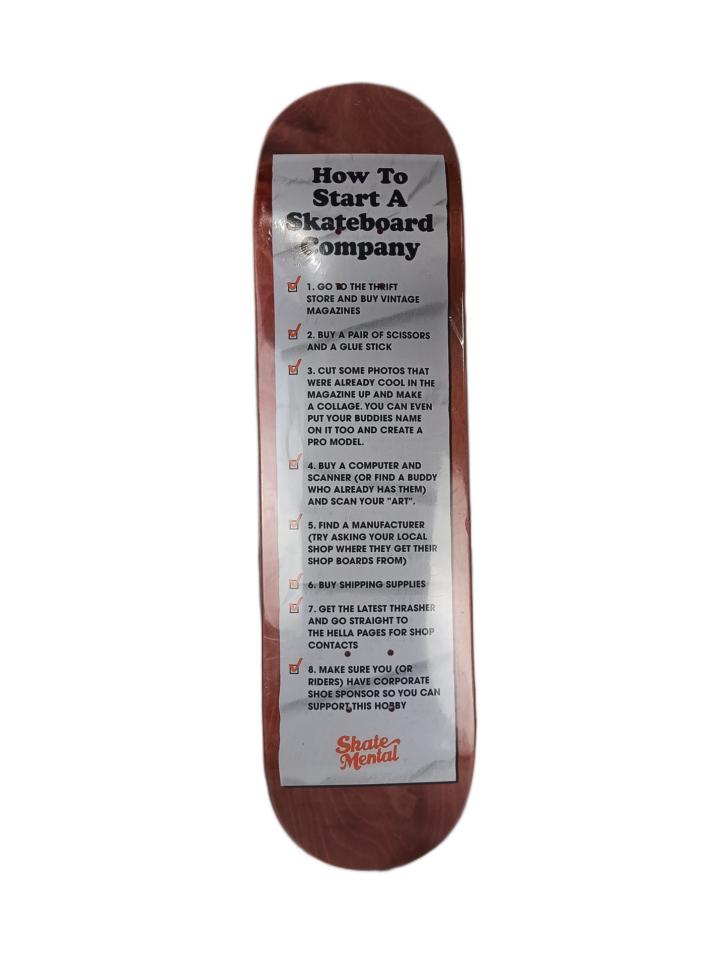 Skate Mental How To Start A Skateboard Company Red Woodgrain White Black Size 8.25" Vintage NOS Deck