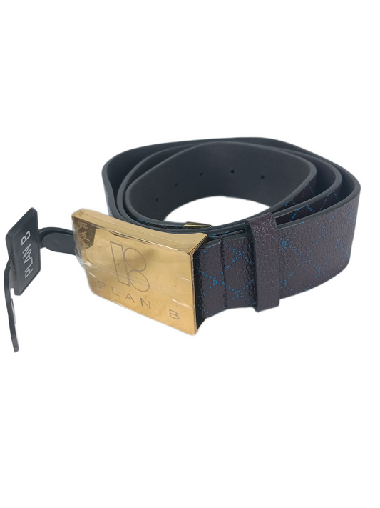 Plan B Brown Leather Blue Print Gold Buckle Size L - XL Vintage Belt