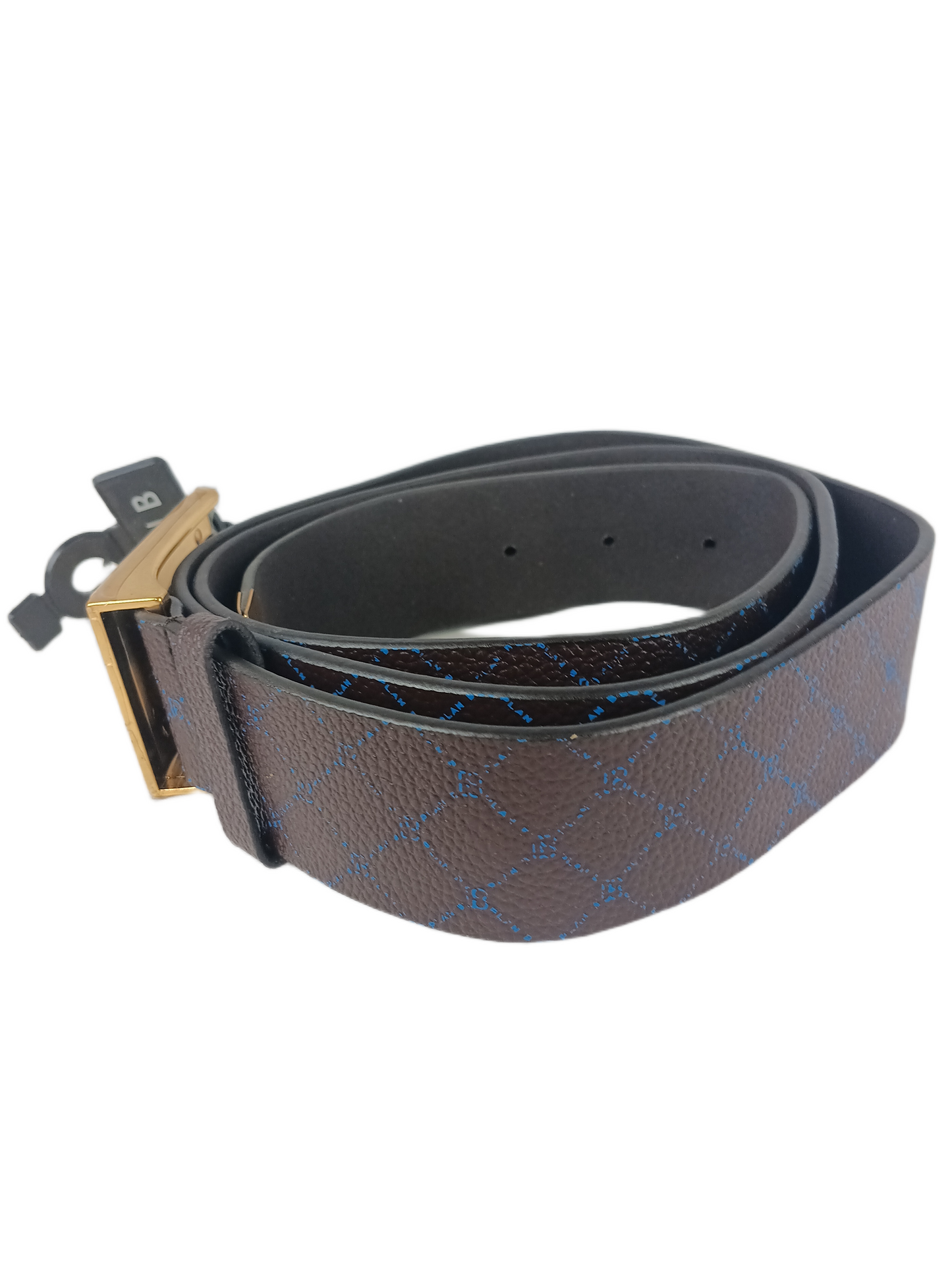 Plan B Brown Leather Blue Print Gold Buckle Size L - XL Vintage Belt