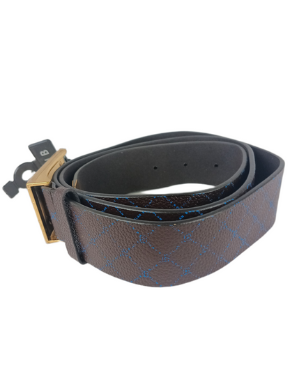 Plan B Brown Leather Blue Print Gold Buckle Size L - XL Vintage Belt