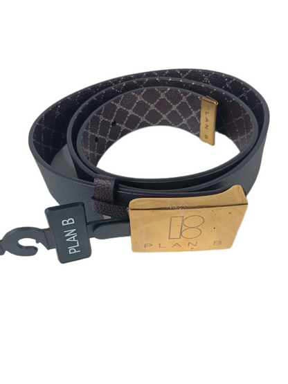 Plan B Brown Leather Silver Print Gold Buckle Size L - XL Vintage Belt