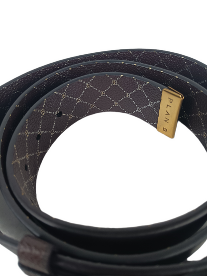 Plan B Brown Leather Silver Print Gold Buckle Size L - XL Vintage Belt