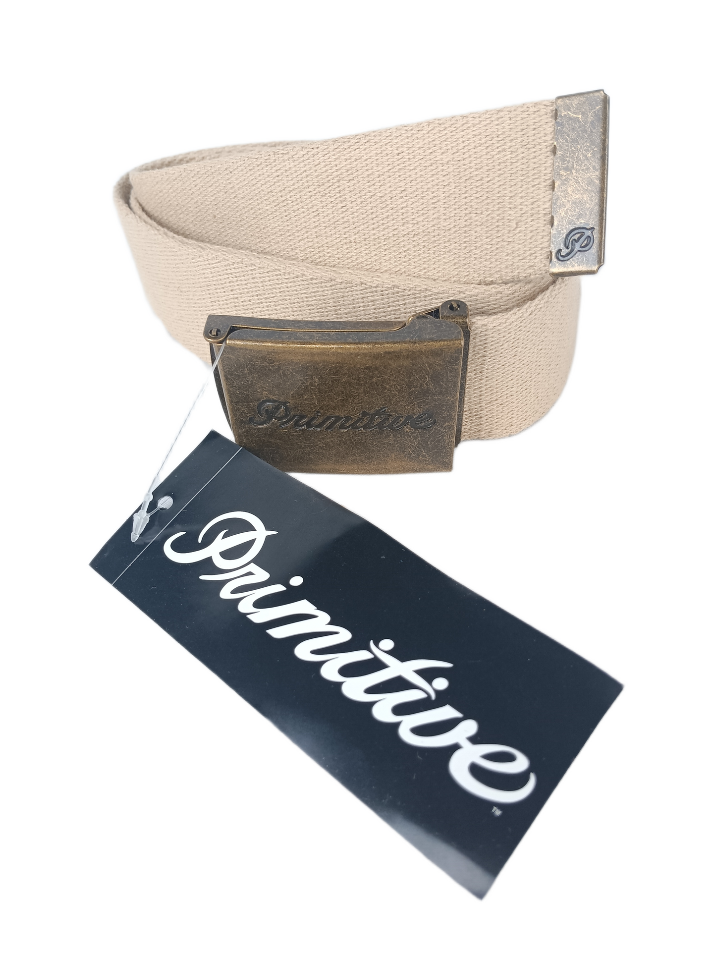 Primitive Reclaimed Web Khaki Bronze Buckle One Size Fits All Vintage Belt