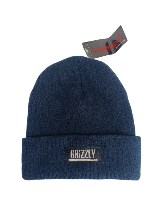 Diamond X Grizzly Grizzly Griptape Logo Navy Black White One Size Fits All Vintage Knit Beanie