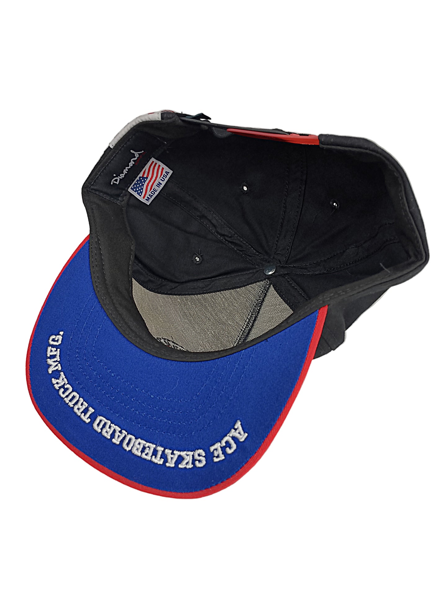 ACE X Diamond Ace Skateboard Truck MFG. Bottom Brim Print Black Red Grey Patch Red Brim One Size Fits All Vintage Snapback Hat