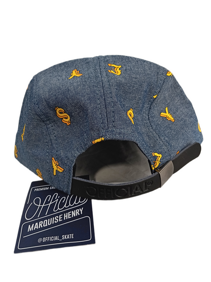 Official Marquise Henry $ Navy Denim Yellow Black Leather Under Bill One Size Fits All Vintage 5 Panel Leather Strapback Hat