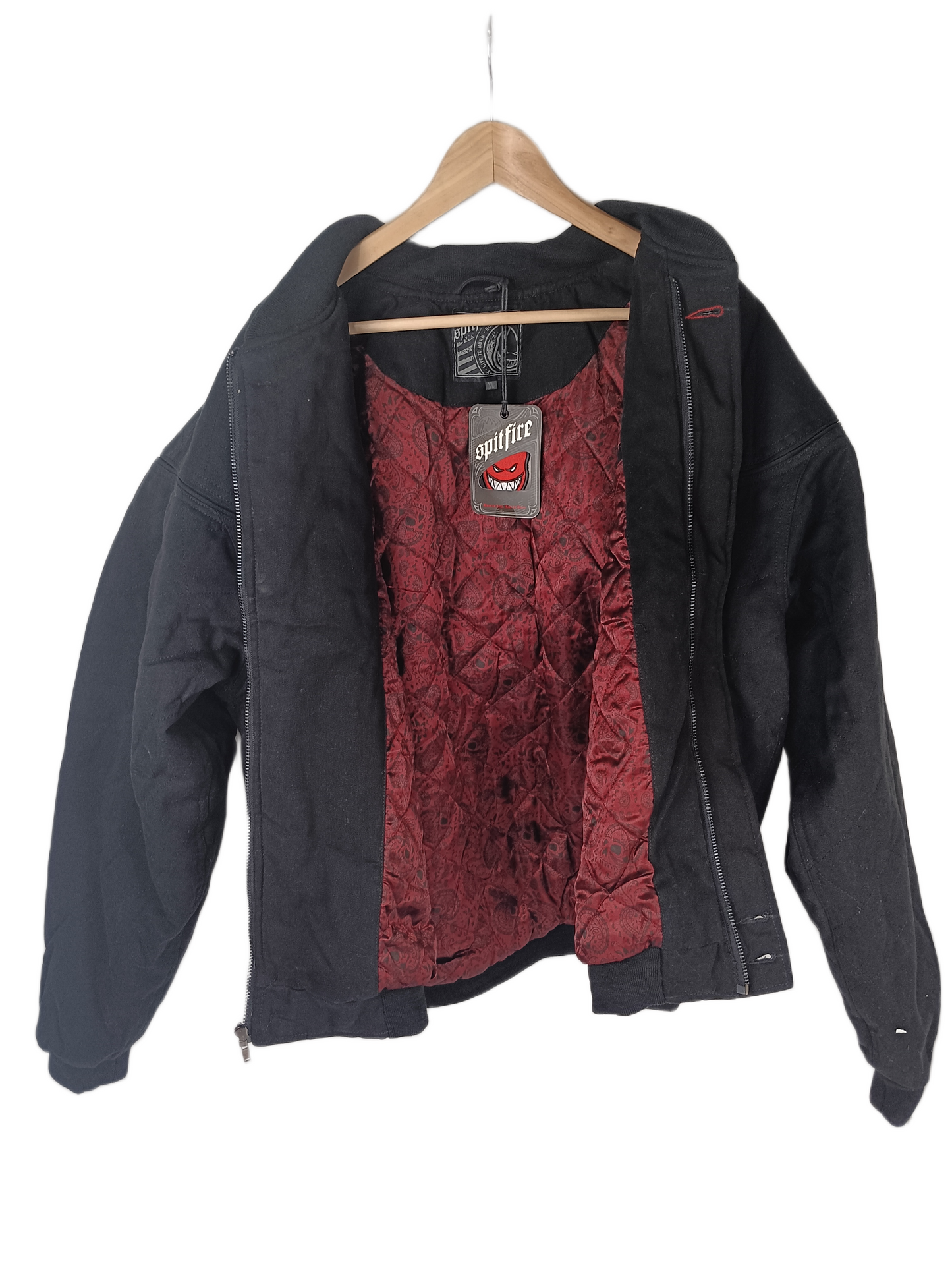 Spitfire Live To Burn Denim Black With Red Bandana Print Satin Inner Lining Mens Size XL Vintage Zip Up Jacket & Bighead Patch