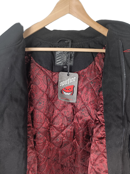 Spitfire Live To Burn Denim Black With Red Bandana Print Satin Inner Lining Mens Size XL Vintage Zip Up Jacket & Bighead Patch